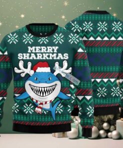 Merry Sharkmas Reindeer Hat Ugly Christmas Sweater Green Vacation Merry Sharkmas Reindeer Hat Ugly Christmas Sweater Green Vacation