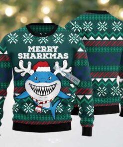Merry Sharkmas Reindeer Hat Ugly Christmas Sweater Green Vacation