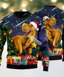 Merry T Rex Christmas Ugly Christmas Sweater Blue Mens