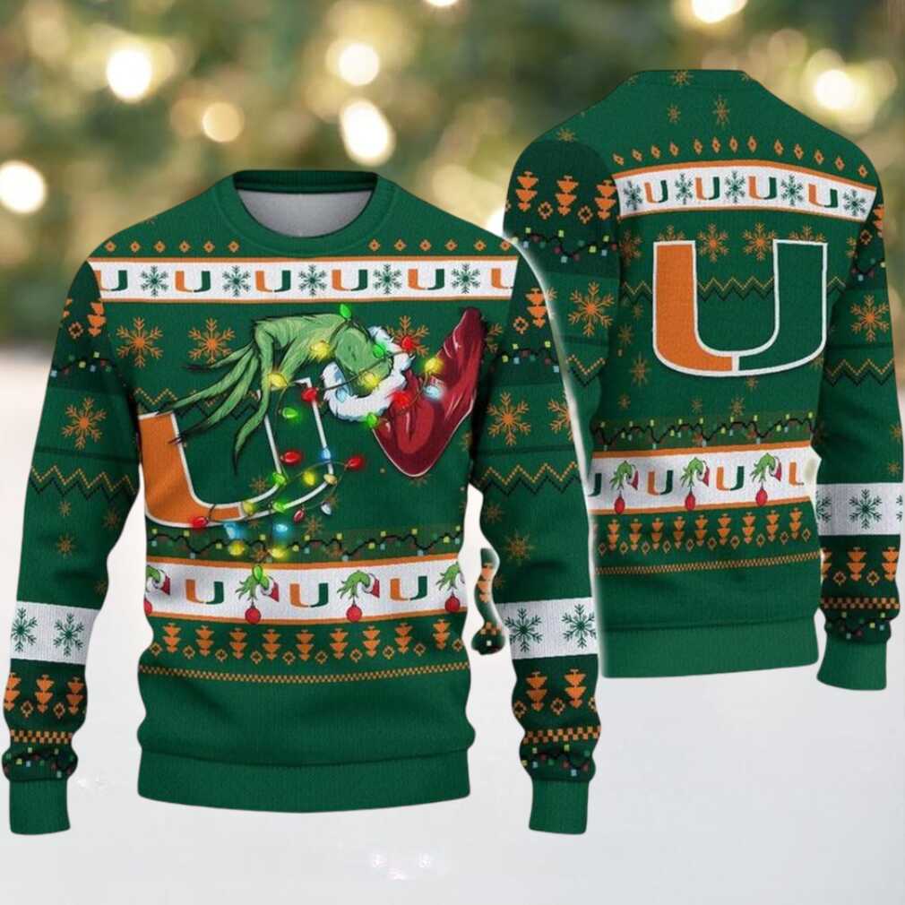 Miami Hurricanes Merry Christmas Grinch Hand NCAA Ugly Christmas Sweater Miami Hurricanes Merry Christmas Grinch Hand NCAA Ugly Christmas Sweater