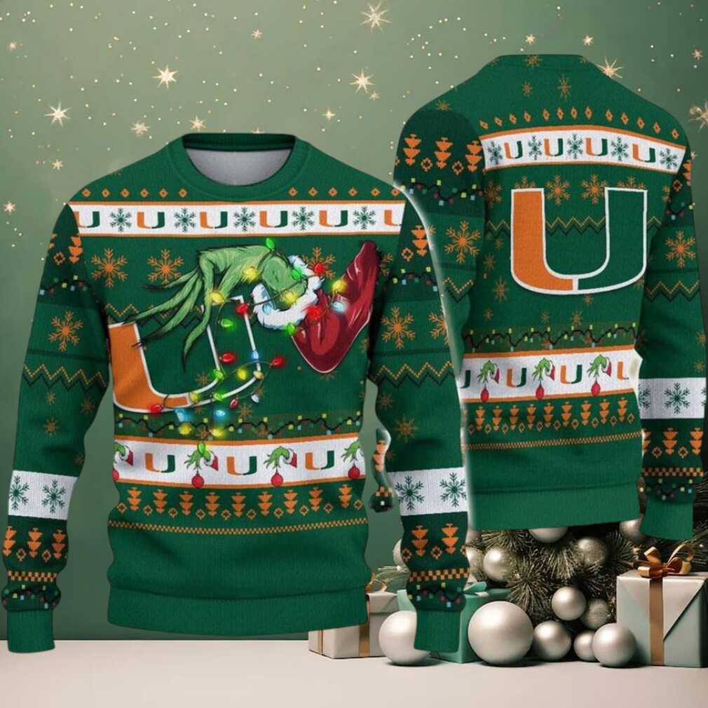 Miami Hurricanes Merry Christmas Grinch Hand NCAA Ugly Christmas Sweater Miami Hurricanes Merry Christmas Grinch Hand NCAA Ugly Christmas Sweater