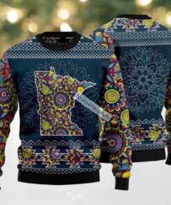 Minnesota Mandala Pattern Ugly Christmas Sweater Blue Family