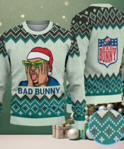 Mint Green & Black Chevron Pattern “Bad Bunny Santa Groove” Ugly Christmas Sweater