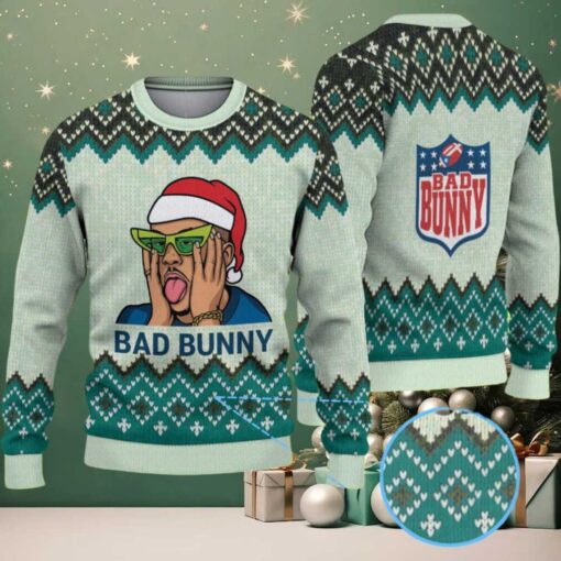 Mint Green & Black Chevron Pattern “Bad Bunny Santa Groove” Ugly Christmas Sweater