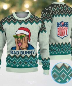 Mint Green & Black Chevron Pattern “Bad Bunny Santa Groove” Ugly Christmas Sweater