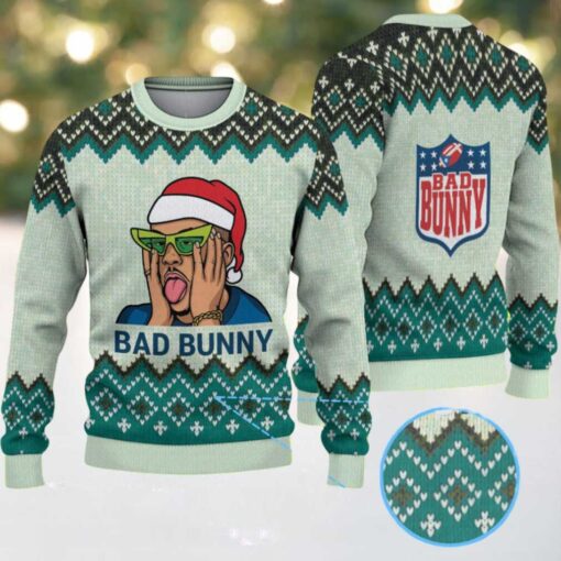 Mint Green & Black Chevron Pattern “Bad Bunny Santa Groove” Ugly Christmas Sweater