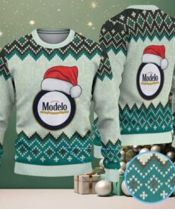 Mint Green & Black Zigzag Pattern “Modelo Beer Santa Hat” Ugly Christmas Sweater
