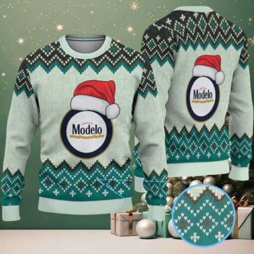 Mint Green & Black Zigzag Pattern “Modelo Beer Santa Hat” Ugly Christmas Sweater