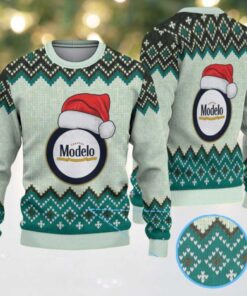Mint Green & Black Zigzag Pattern “Modelo Beer Santa Hat” Ugly Christmas Sweater