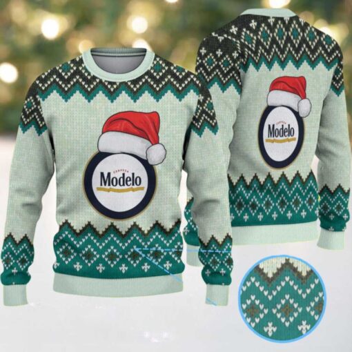 Mint Green & Black Zigzag Pattern “Modelo Beer Santa Hat” Ugly Christmas Sweater