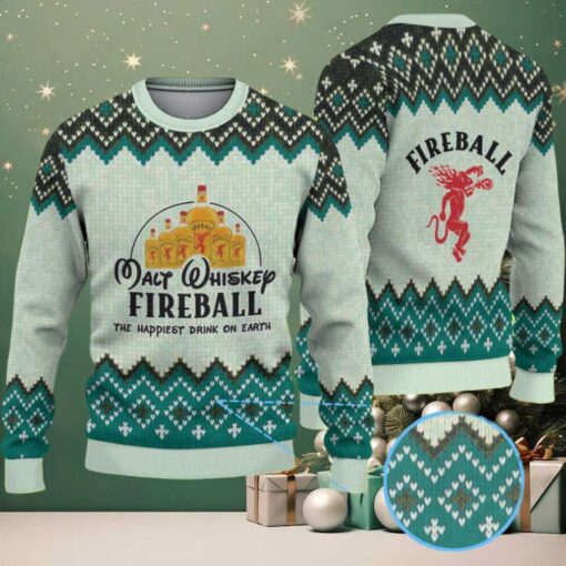 Mint Green Geometric Pattern “Fireball Cinnamon Whisky Bottles” Ugly Christmas Sweater