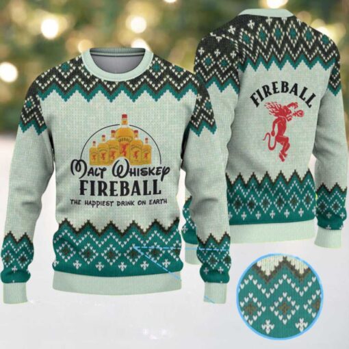 Mint Green Geometric Pattern “Fireball Cinnamon Whisky Bottles” Ugly Christmas Sweater