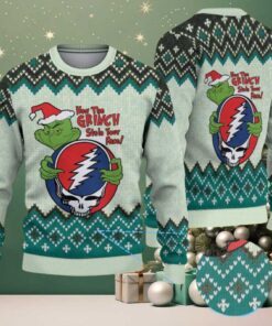 Mint Green Grateful Dead x The Grinch Lightning Skull with Geometric Diamond Pattern Vintage Ugly Christmas Sweater