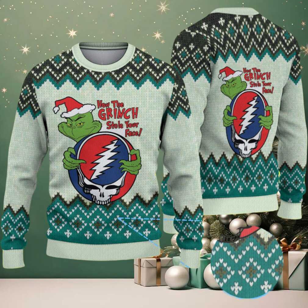 Mint Green Grateful Dead x The Grinch Lightning Skull with Geometric Diamond Pattern Vintage Ugly Christmas Sweater Mint Green Grateful Dead x The Grinch Lightning Skull with Geometric Diamond Pattern Vintage Ugly Christmas Sweater