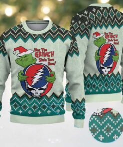 Mint Green Grateful Dead x The Grinch Lightning Skull with Geometric Diamond Pattern Vintage Ugly Christmas Sweater