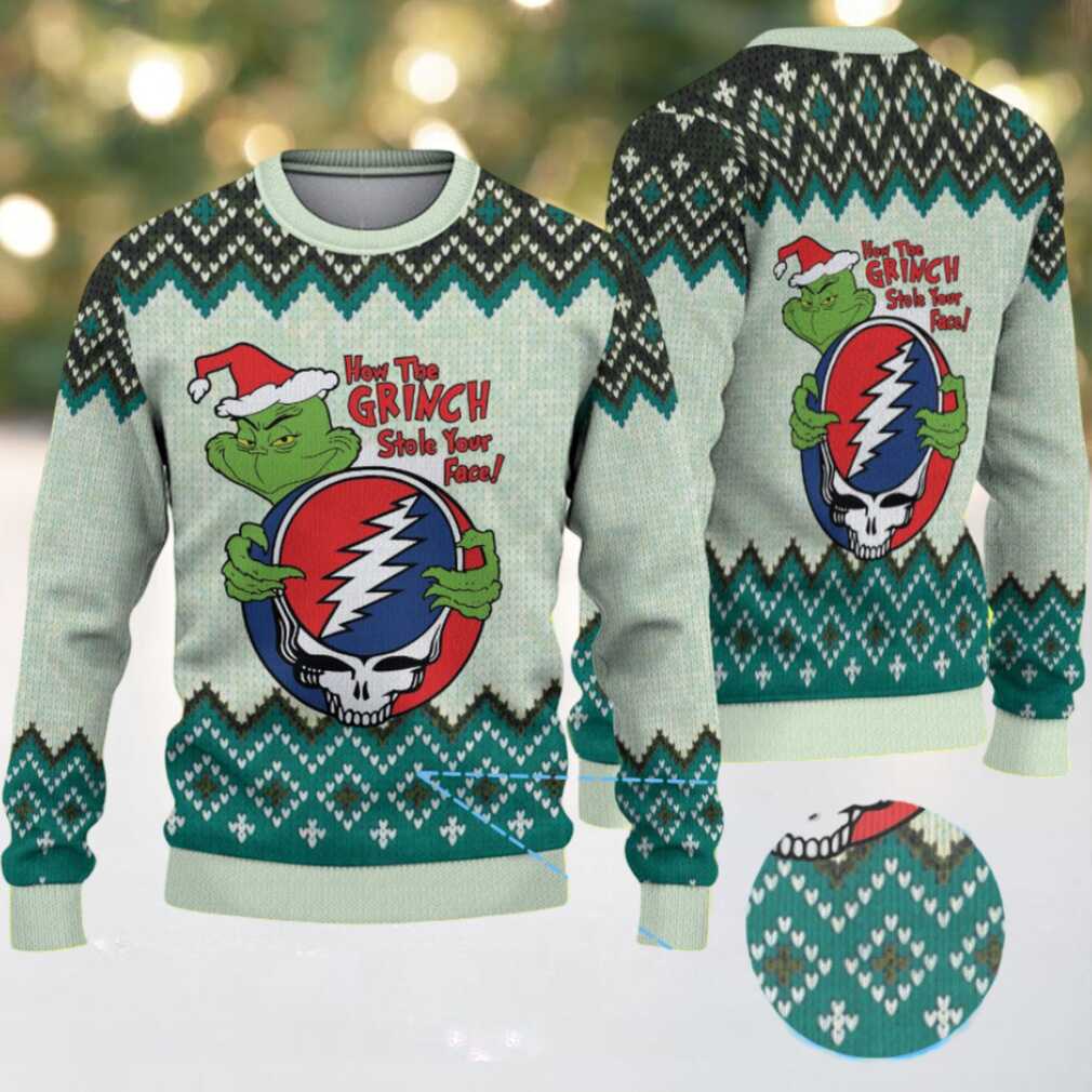 Mint Green Grateful Dead x The Grinch Lightning Skull with Geometric Diamond Pattern Vintage Ugly Christmas Sweater Mint Green Grateful Dead x The Grinch Lightning Skull with Geometric Diamond Pattern Vintage Ugly Christmas Sweater