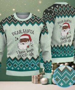 Mint Green & Teal Black Santa “Dear Santa I’ve Been Good ish” with Diamond Nordic Knit Pattern – Vintage Ugly Christmas Sweater