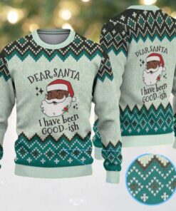 Mint Green & Teal Black Santa “Dear Santa I’ve Been Good ish” with Diamond Nordic Knit Pattern – Vintage Ugly Christmas Sweater