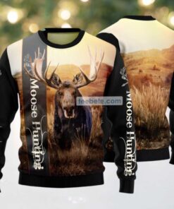 Moose Hunting Ugly Christmas Sweater Black Cute