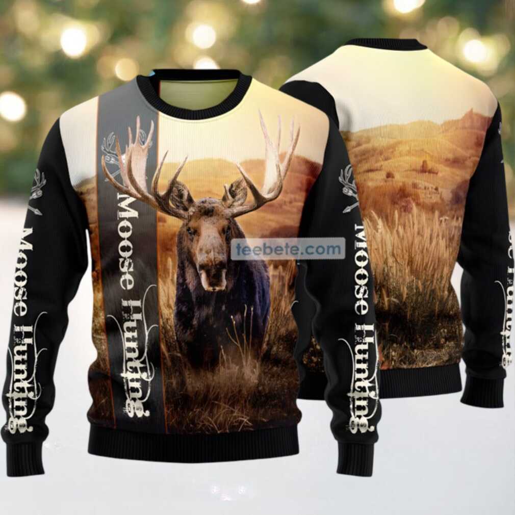 Moose Hunting Ugly Christmas Sweater Black Cute Moose Hunting Ugly Christmas Sweater Black Cute