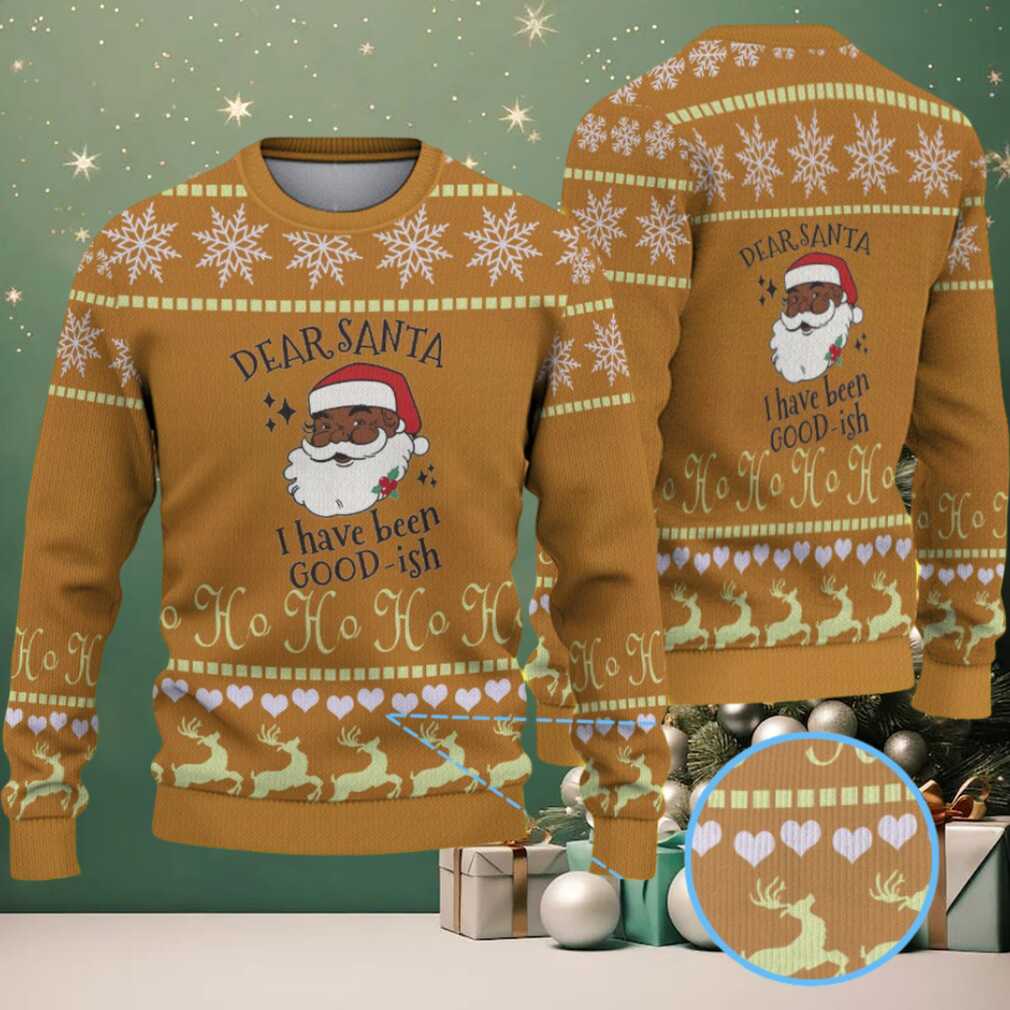 Mustard Yellow & White Black Santa “Dear Santa I’ve Been Good ish” with Snowflake and Reindeer Pattern – Vintage Ugly Christmas Sweater