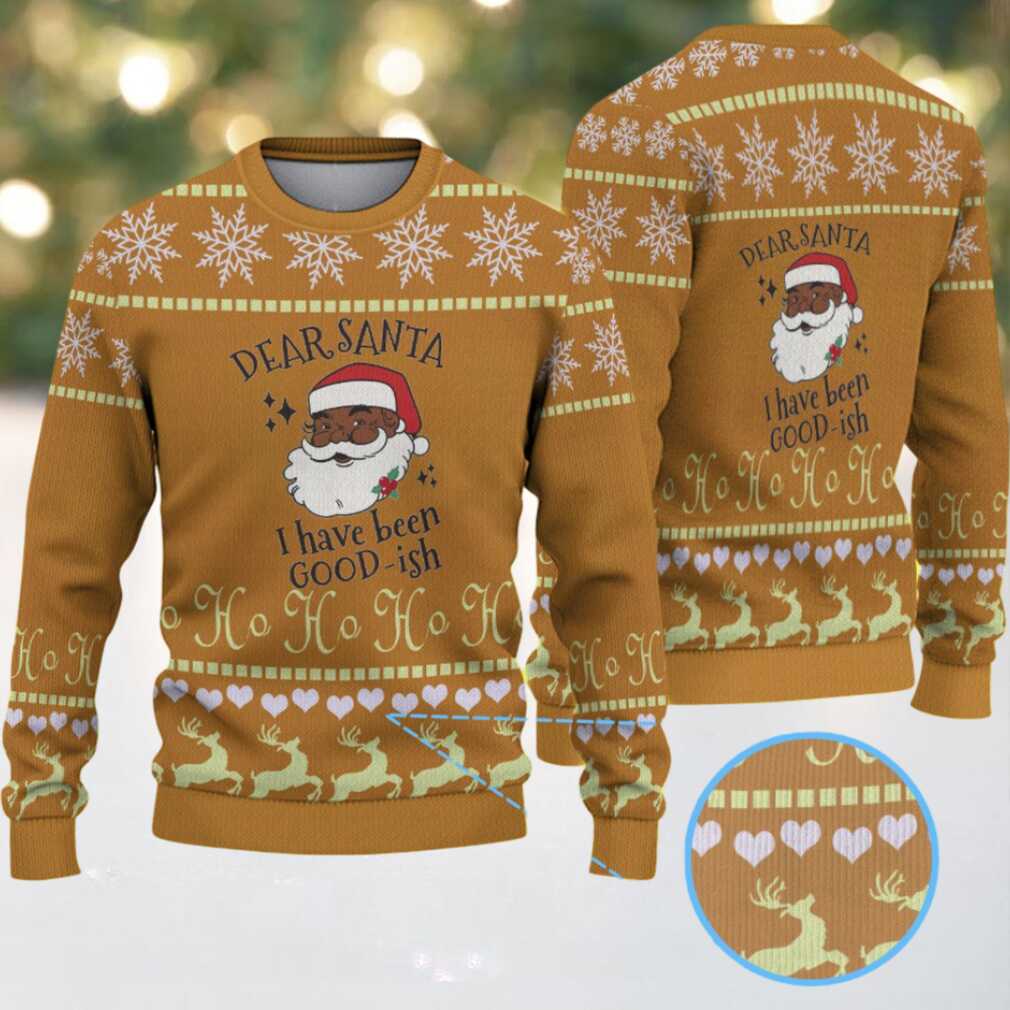 Mustard Yellow & White Black Santa “Dear Santa I’ve Been Good ish” with Snowflake and Reindeer Pattern – Vintage Ugly Christmas Sweater