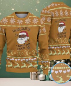 Mustard Yellow & White Black Santa “Dear Santa I’ve Been Good ish” with Snowflake and Reindeer Pattern – Vintage Ugly Christmas Sweater Mustard Yellow & White Black Santa “Dear Santa I’ve Been Good ish” with Snowflake and Reindeer Pattern – Vintage Ugly Christmas Sweater