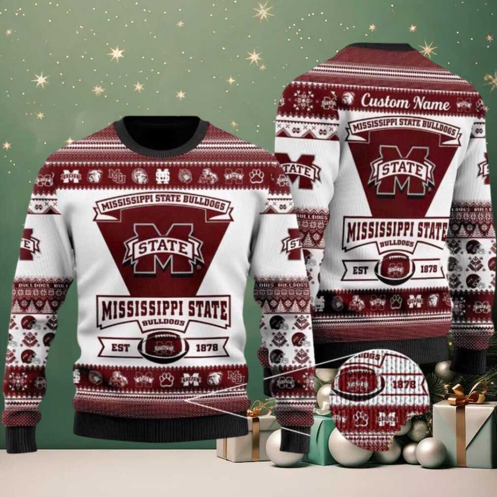 NCAA Mississippi State Bulldogs Football Team Logo Custom Name Ugly Christmas Sweater NCAA Mississippi State Bulldogs Football Team Logo Custom Name Ugly Christmas Sweater