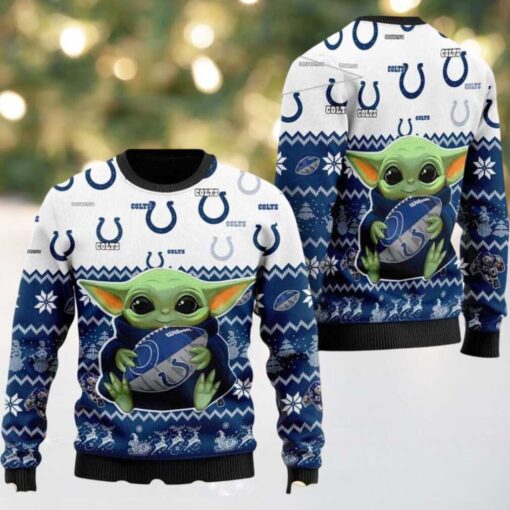 NFL Indianapolis Colts x Baby Yoda Hug The Ball Gift For Fan 2025 Christmas Ugly Sweater
