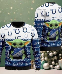 NFL Indianapolis Colts x Baby Yoda Hug The Ball Gift For Fan 2025 Christmas Ugly Sweater