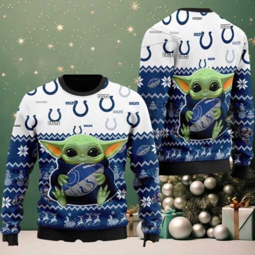 NFL Indianapolis Colts x Baby Yoda Hug The Ball Gift For Fan 2025 Christmas Ugly Sweater