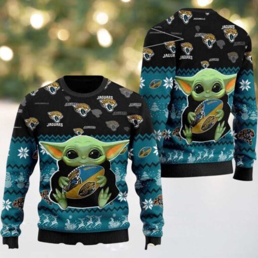 NFL Jacksonville Jaguars x Baby Yoda Hug The Ball 2025 Knitted Ugly Christmas Sweater