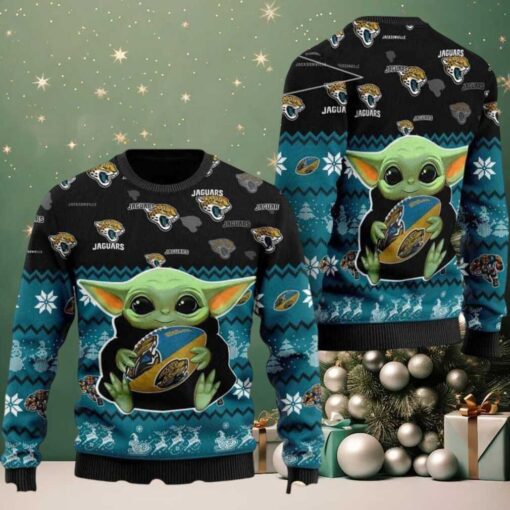 NFL Jacksonville Jaguars x Baby Yoda Hug The Ball 2025 Knitted Ugly Christmas Sweater