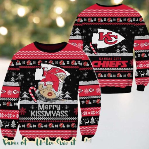 NFL Kansas City Chiefs Merrykissmyass Funny Santa Claus 2025 Ugly Christmas Sweater Gift For Holiday