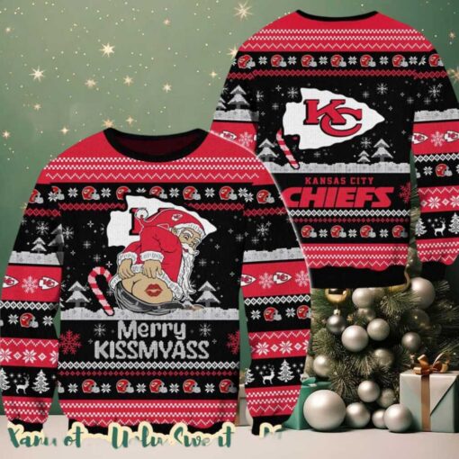 NFL Kansas City Chiefs Merrykissmyass Funny Santa Claus 2025 Ugly Christmas Sweater Gift For Holiday