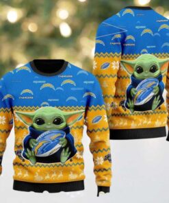 NFL Los Angeles Chargers Baby Yoda Hug The Ball Personalized Christmas 2025 Holiday Ugly Christmas Sweater