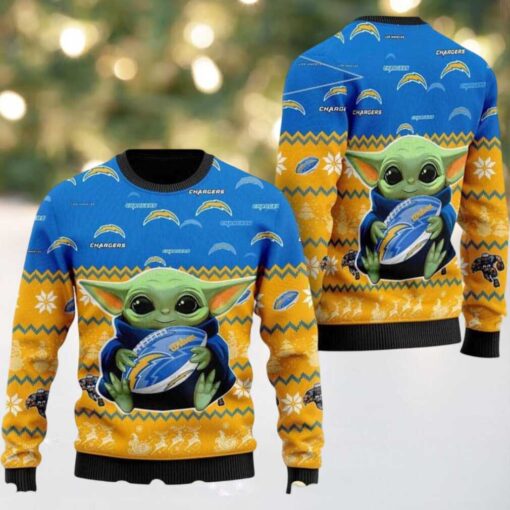NFL Los Angeles Chargers Baby Yoda Hug The Ball Personalized Christmas 2025 Holiday Ugly Christmas Sweater