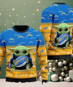 NFL Los Angeles Chargers Baby Yoda Hug The Ball Personalized Christmas 2025 Holiday Ugly Christmas Sweater