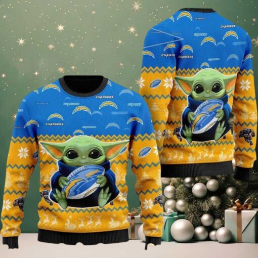 NFL Los Angeles Chargers Baby Yoda Hug The Ball Personalized Christmas 2025 Holiday Ugly Christmas Sweater