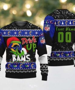 NFL Los Angeles Rams Drink Up The Grinch Personalized Name Ugly Christmas Sweater 2025 Holiday Gift