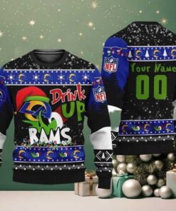 NFL Los Angeles Rams Drink Up The Grinch Personalized Name Ugly Christmas Sweater 2025 Holiday Gift