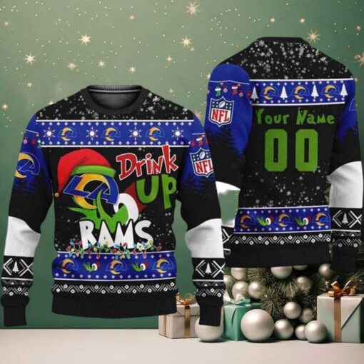NFL Los Angeles Rams Drink Up The Grinch Personalized Name Ugly Christmas Sweater 2025 Holiday Gift