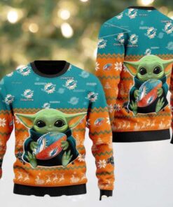 NFL Miami Dolphins x Baby Yoda Hug The Ball Personalized Knitted Ugly Christmas Sweater Holiday 2025
