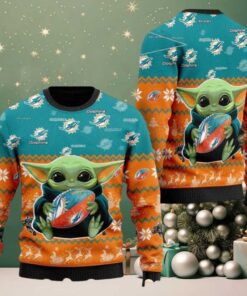 NFL Miami Dolphins x Baby Yoda Hug The Ball Personalized Knitted Ugly Christmas Sweater Holiday 2025