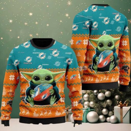 NFL Miami Dolphins x Baby Yoda Hug The Ball Personalized Knitted Ugly Christmas Sweater Holiday 2025