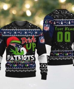NFL New England Patriots Drink Up The Grinch Personalized Knitted Ugly Christmas Sweater Holiday 2025