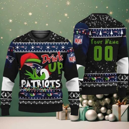 NFL New England Patriots Drink Up The Grinch Personalized Knitted Ugly Christmas Sweater Holiday 2025