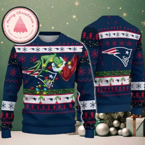 NFL New England Patriots With Special Grinchs Hand Football Classic Knitted Ugly Christmas Sweater Holiday 2025