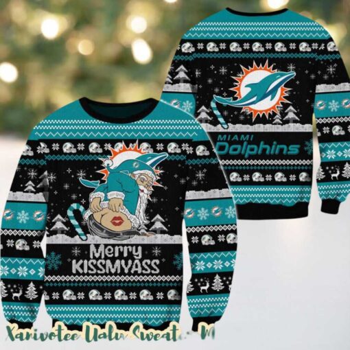 NFL Ugly Miami Dolphins x Santa Claus Merrykissmyass Funny Cute Ugly Christmas Sweater Gift 2025