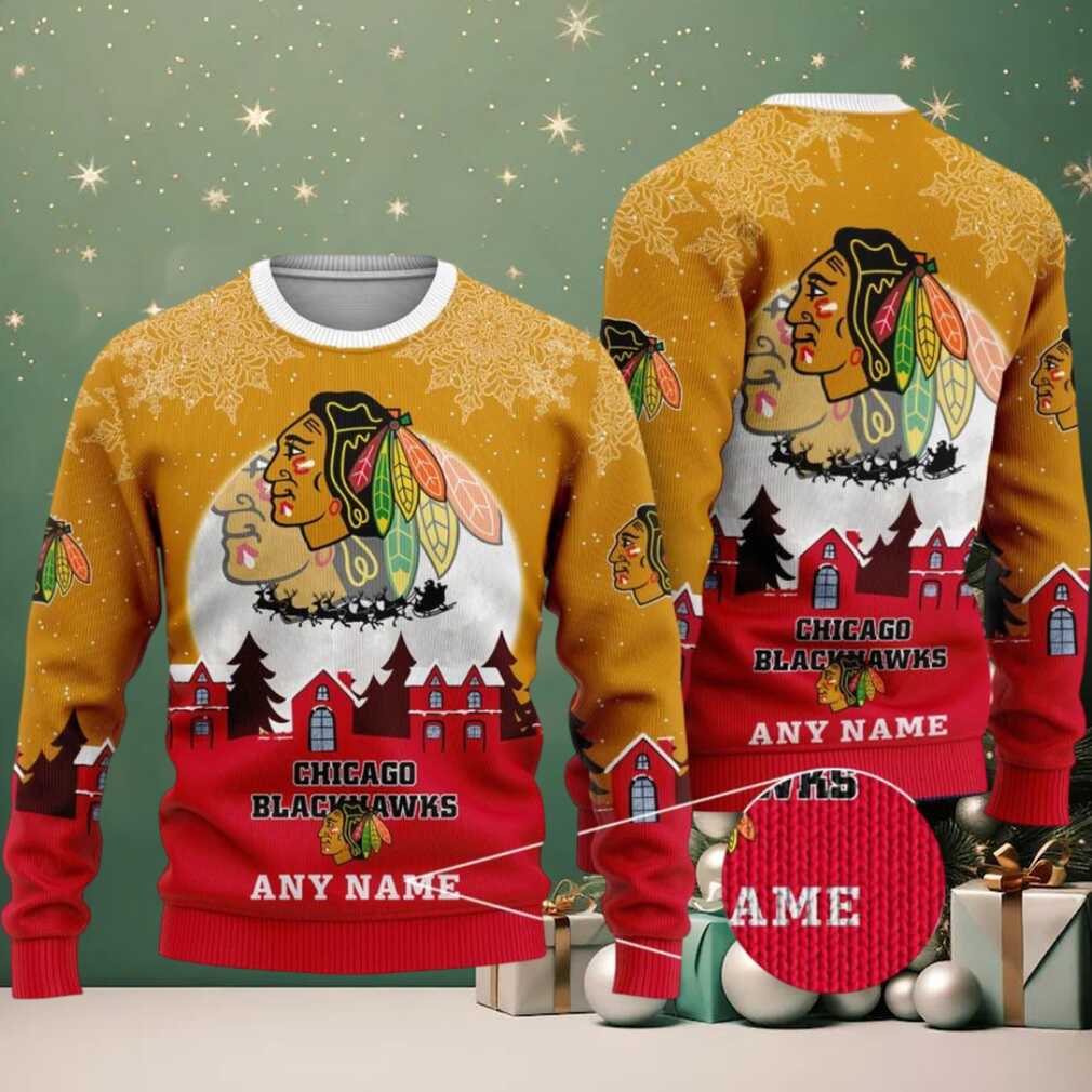 NHL Chicago Blackhawks Personalized Name Christmas Ugly Sweater Design ST2306, hoodie, sweater, long sleeve and tank top Personalized Chicago Blackhawks Christmas Sweater